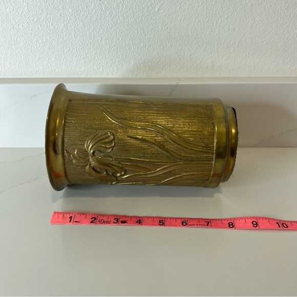 Vintage Brass Floral Embossed Cylinder Vase Gold Tone Decorative Home Accent - Picture 11 of 13